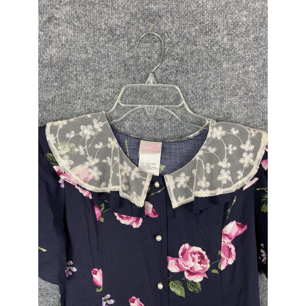 Vtg 80s 90s Blue Floral Shirt Dress Lace Sz 14 Cottagecore Grandma Romantic - Picture 4 of 14